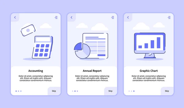 Gráfico de informe anual contable para aplicaciones móviles plantilla banner página UI con tres variaciones moderno estilo de contorno plano — Vector de stock