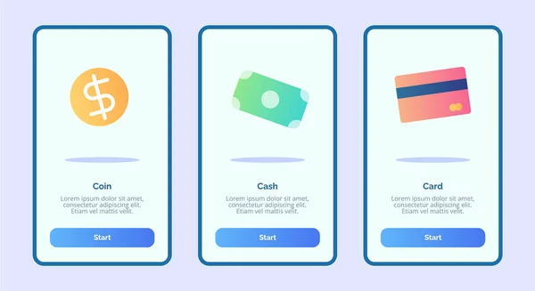 Tarjeta de efectivo de moneda para aplicaciones móviles plantilla banner página UI con tres variaciones de estilo moderno de color plano — Vector de stock