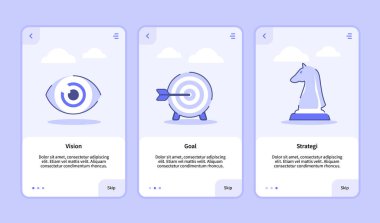 Mobil uygulamalar için vizyon hedef stratejisi pankart şablon sayfası UI üç varyasyonlu modern düz çizgi biçimi ile