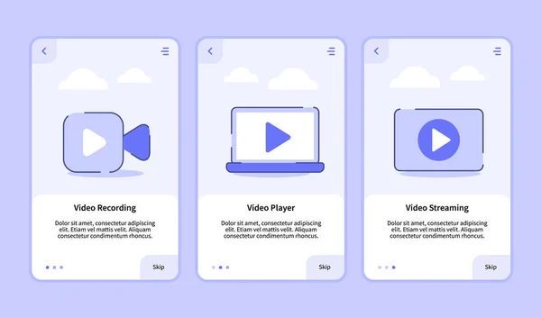 用于移动应用程序模板横幅页UI的视频录象机流入机，具有三种不同的现代平面轮廓风格. — 图库矢量图片