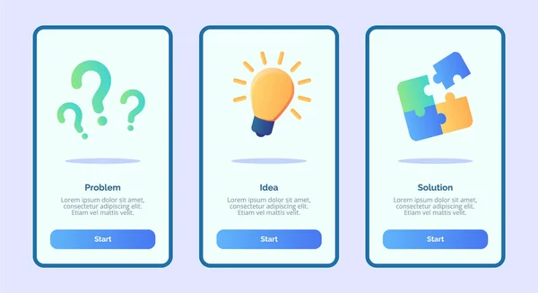 Solução de ideia de problema para aplicativos móveis modelo banner página UI com três variações moderno estilo de cor plana —  Vetores de Stock