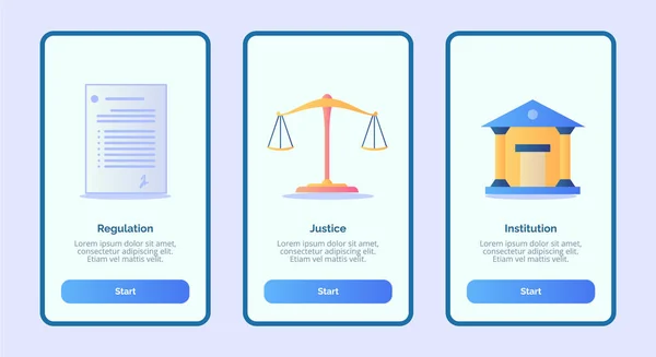 Regulación institución de justicia para aplicaciones móviles plantilla banner página UI con tres variaciones moderno estilo de color plano — Archivo Imágenes Vectoriales