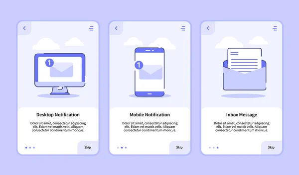 Oznámení pro stolní počítač Mobilní oznámení Doručená zpráva onboarding obrazovka pro mobilní aplikace šablony banner stránka Uživatelské rozhraní se třemi variantami moderní plochý obrys styl — Stockový vektor