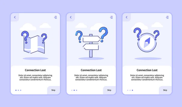 Verbindung verloren Onboard-Bildschirm für mobile Apps Vorlage Bannerseite UI mit drei Varianten moderne flache Umrisse Stil — Stockvektor
