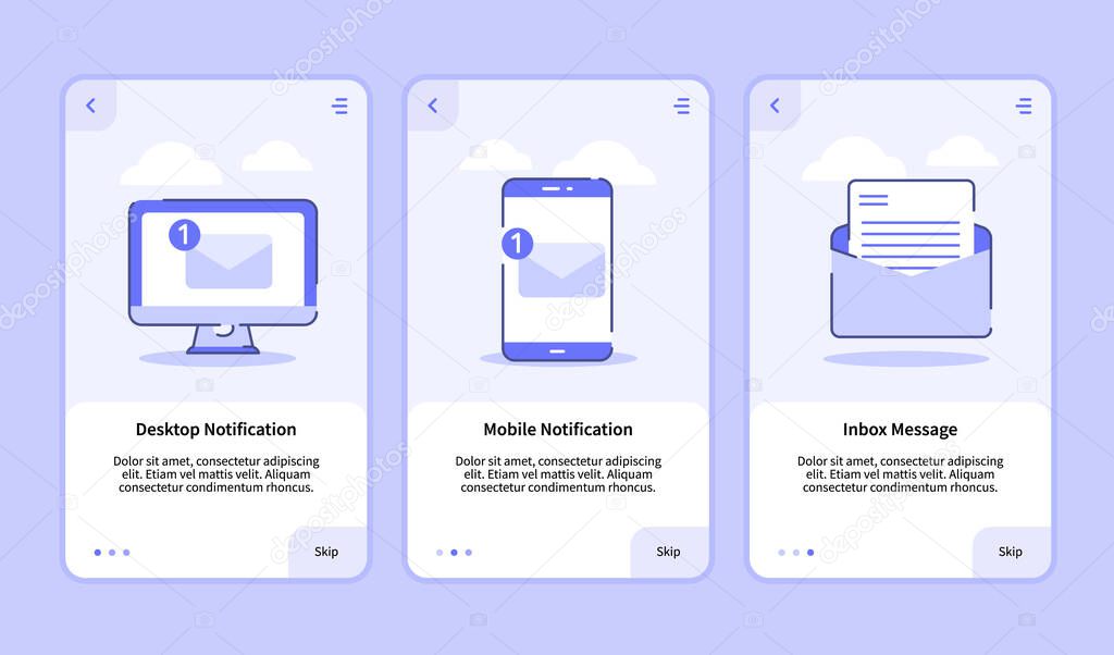 Desktop notification mobile notification inbox message onboarding screen for mobile apps template banner page UI with three variations modern flat outline style
