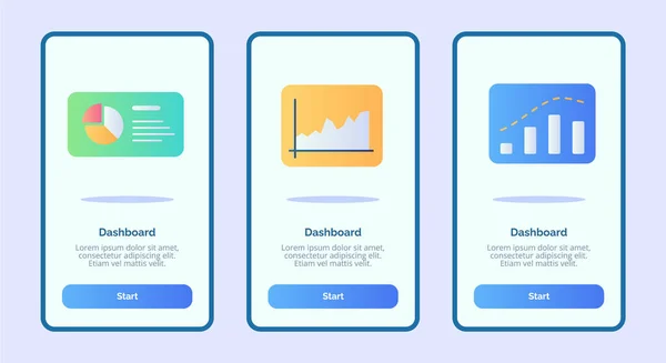 Panel de control para aplicaciones móviles plantilla banner página UI con tres variaciones de estilo moderno de color plano — Vector de stock