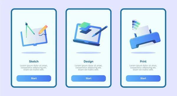Diseño de boceto de impresión para aplicaciones móviles plantilla banner página UI con tres variaciones de estilo de color plano moderno — Archivo Imágenes Vectoriales