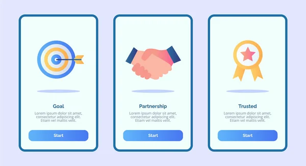 Objetivo de asociación de confianza para aplicaciones móviles plantilla banner página UI con tres variaciones de estilo de color plano moderno. — Archivo Imágenes Vectoriales