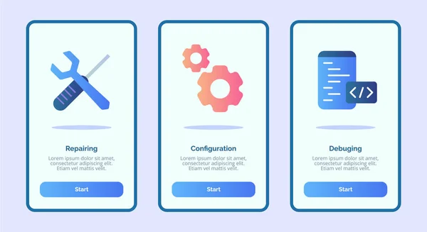 Réparation de configuration de débogage pour les applications mobiles page de bannière modèle UI avec trois variantes style moderne de couleur plate — Image vectorielle