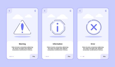 Mobil uygulamalar için ekranda uyarı bilgi hatası şablon başlık UI sayfasında üç varyasyonlu modern düz dış hat biçimi.