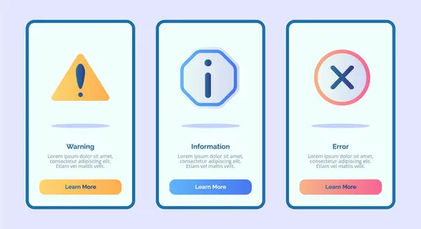 Erro de informação de aviso para aplicativos móveis modelo banner página UI com três variações moderno estilo de cor plana —  Vetores de Stock