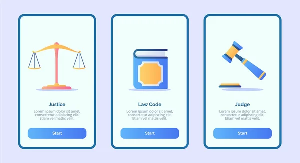 Juez de código de justicia para aplicaciones móviles plantilla banner página UI con. tres variaciones moderno estilo de color plano — Archivo Imágenes Vectoriales