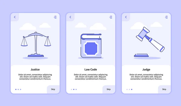 Mobil uygulamalar için adalet kanunu yargıcı ekranda şablon şablon sayfası UI üç varyasyonlu modern düz ana hatlı. — Stok Vektör