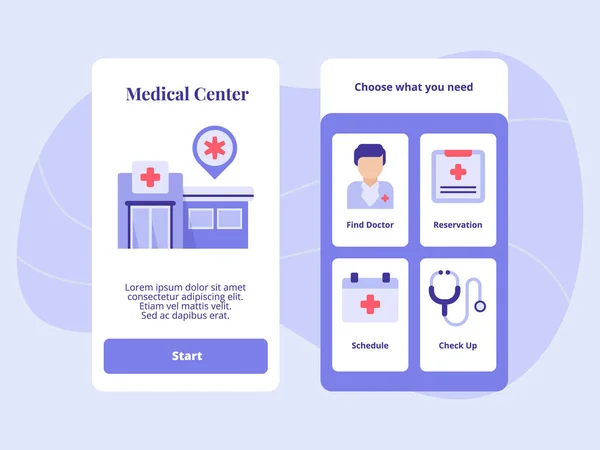 Centro médico encontrar médico programa de reservas consultar aplicaciones móviles plantilla banner página UI con dos variaciones moderno estilo de color plano. — Archivo Imágenes Vectoriales