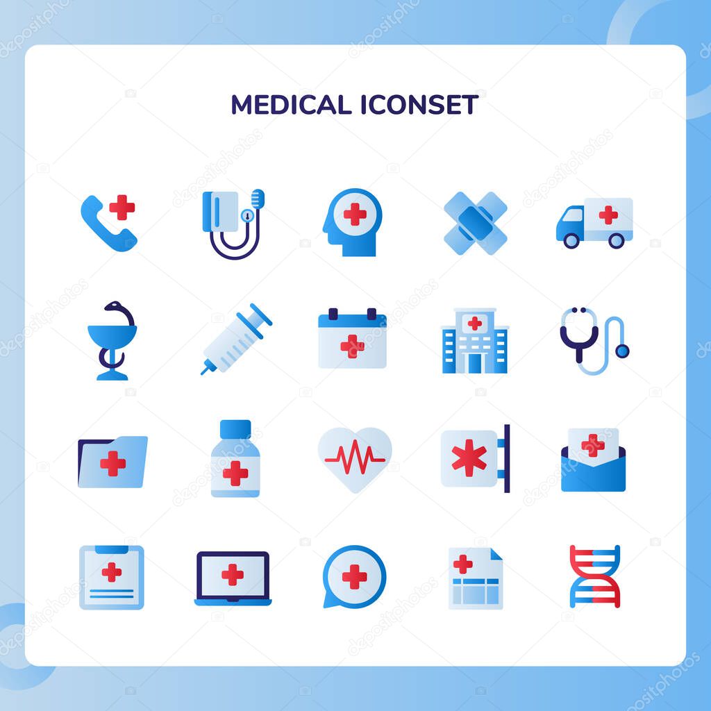 Medical icon set collection emergency call neurology ambulance pharmacy stethoscope with flat red blue theme color style