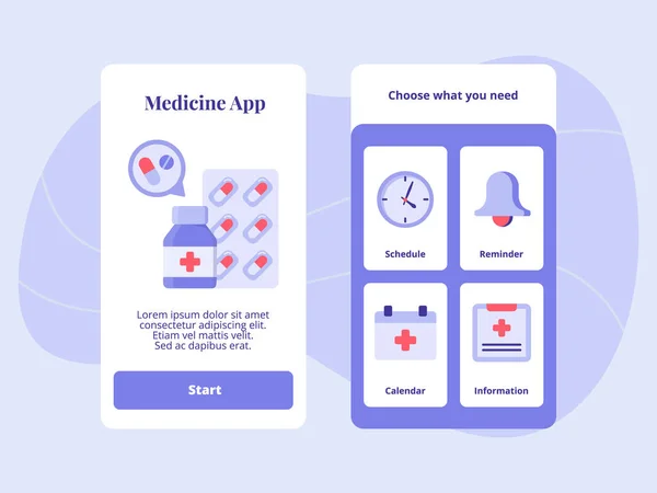 Medizin App Zeitplan Erinnerung Kalenderinformationen für mobile Apps Vorlage Banner-Seite UI mit zwei Variationen modernen flachen Farbstil — Stockvektor