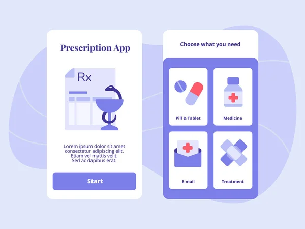 Rezept App Pille Tablette Medizin E-Mail-Behandlung für mobile Apps Vorlage Bannerseite UI mit drei Variationen moderne flache Farbe Stil — Stockvektor