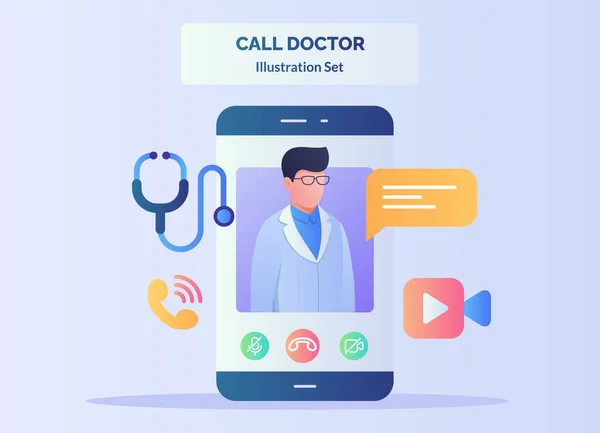 Hívjon orvos illusztráció készlet orvos kijelzőn okostelefon képernyő háttér sztetoszkóp telefon kamera buborék beszélni sík színű stílus — Stock Vector