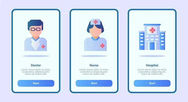 Icono médico doctor enfermera hospital para aplicaciones móviles plantilla banner página UI con tres variaciones moderno estilo de color plano — Archivo Imágenes Vectoriales
