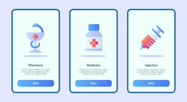 Icono médico farmacia medicina inyección para aplicaciones móviles plantilla banner página UI con tres variaciones moderno estilo de color plano. — Vector de stock