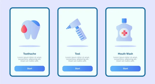 Icono médico herramienta de dolor de muelas enjuague bucal para aplicaciones móviles plantilla banner página UI con tres variaciones moderno estilo de color plano — Archivo Imágenes Vectoriales