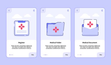 Mobil uygulamalar için medikal ikon kaydı tıbbi dosya pano şablon sayfası UI üç varyasyonlu modern düz ana hatlı