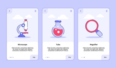 Mobil uygulamalar için tıbbi simge mikroskop tüpü büyüteci. Şablon paneli UI sayfası. Modern düz hatlı üç varyasyonlu.