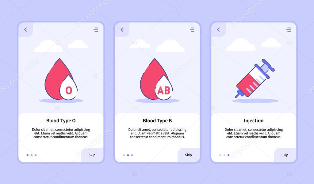 Medical icon blood type O type B injection onboarding screen for mobile apps template banner page UI with three variations modern flat outline style.