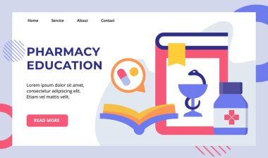 Eczacılık eğitimi web sitesi web sitesi için kitap hapları kampanyası öğrenin ana sayfa iniş sayfası afişi modern düz stil