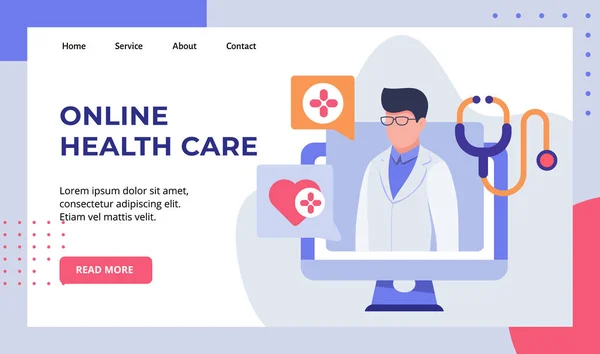 Online-Gesundheitswesen Arzt Zeichen auf dem Display Monitor Computer-Kampagne für Web-Website Startseite Landing Page Template Banner mit modernen flachen Stil — Stockvektor