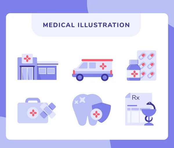 Medicinsk ikon set samling sjukhus ambulans läkemedel första hjälpen tandläkare recept med platt stil. — Stock vektor