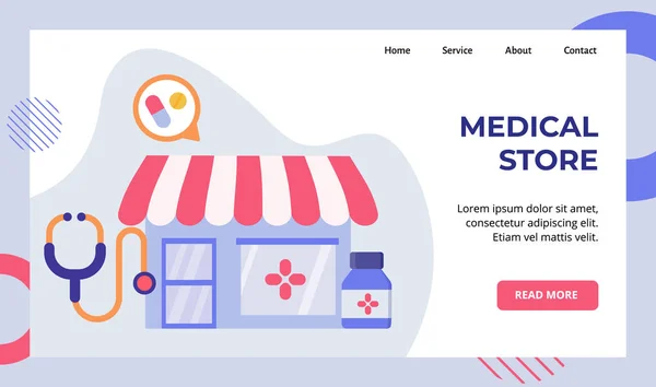 Medical store pharmacie médicaments pilule comprimé stéthoscope campagne pour le site web accueil accueil page d'accueil modèle de page bannière avec style plat moderne — Image vectorielle