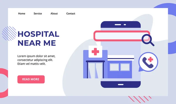Krankenhaus in meiner Nähe Lupe auf Smartphone-Bildschirm Kampagne für Web-Website Startseite Landing Page Template Banner mit modernen flachen Stil v — Stockvektor