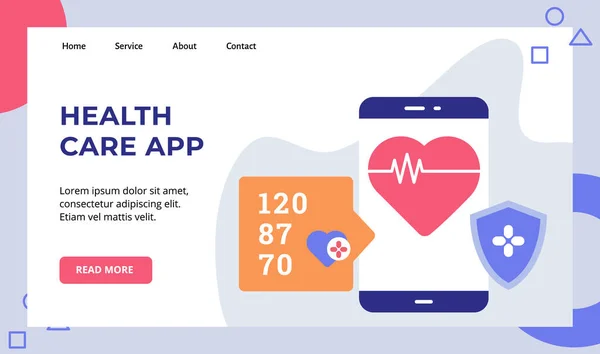 Gesundheits-App Herzschlag auf Smartphone-Bildschirm Schild Wachkampagne für Web-Website Startseite Landing Page Template Banner mit modernem flachen Stil — Stockvektor