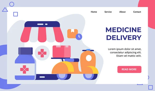 Medikamentenlieferung Roller Motorrad tragen Apotheke Box Kampagne für Web-Website Startseite Landing Page Vorlage Banner mit modernen flachen Stil — Stockvektor