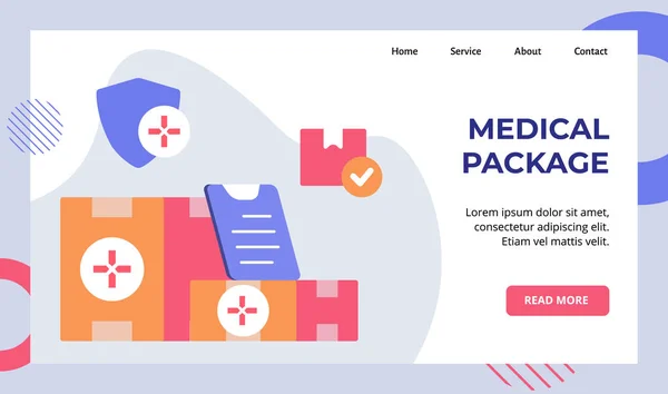 Paquet médical dans la campagne de livraison de boîte pour le site web accueil page d'accueil modèle de page d'accueil bannière avec style plat moderne — Image vectorielle