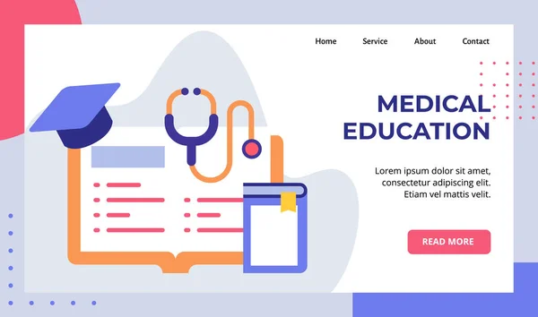 Medizinische Ausbildung Buch lernen Literatur Stethoskop Hut Absolvent Kampagne für Web-Website Homepage Landing Page Template Banner mit modernen flachen Stil — Stockvektor