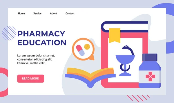 Educazione farmacia imparare libro pillola tablet farmaci campagna per il sito web home page homepage modello banner con stile piatto moderno — Vettoriale Stock