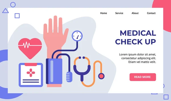Medical check up ecg tensiomètre stéthoscope campagne pour le site web accueil accueil page d'accueil modèle de page bannière avec style plat moderne. — Image vectorielle