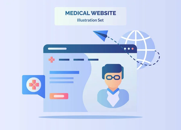 Medizinische Website Papier Flugzeug fliegen Globus Web-Arzt Charakter mit flachen Cartoon-Stil. — Stockvektor