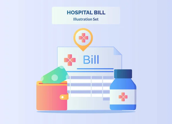 Hospital bill concept invoice service charge background of money put wallet bottle drugs with flat cartoon style. — Stock Vector