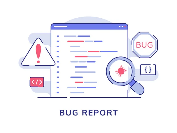 Bug report concept grossissement bug sur l'ordinateur logiciel de programme avec un style de contour plat — Image vectorielle