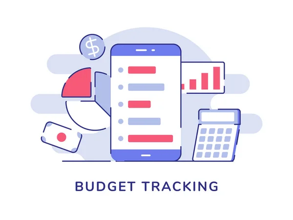 Budget tracking concept smartphone sfondo della calcolatrice statistica grafico a torta con contorno piatto — Vettoriale Stock