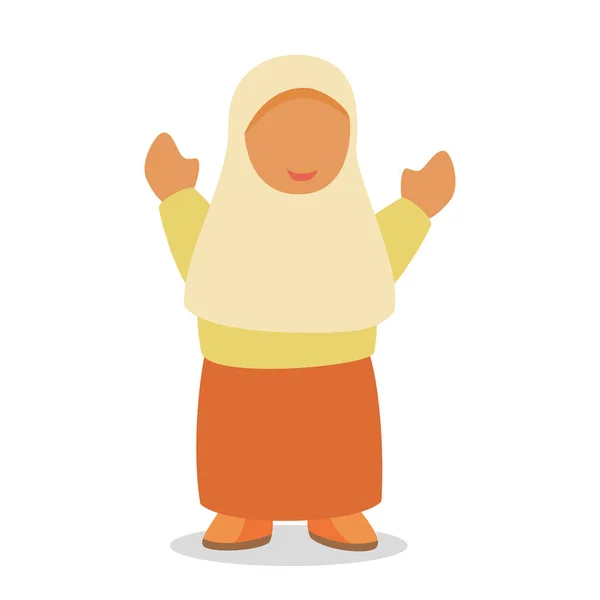 Дитяча ісламська сукня персонажа мусульманського хіджабу відтінки коричневого веселого тримає руку білого ізольованого фону з плоским кольором — стоковий вектор