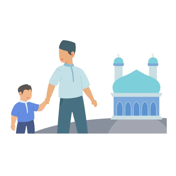 Padre con los niños de la mano van a la oración de adoración mezquita fondo aislado blanco con estilo de color plano — Vector de stock