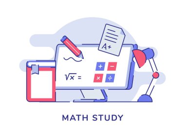 Kitap masası lambasının bilgisayar ekranı arkaplanındaki düz dış hatlı matematik çalışma hesaplama formülü