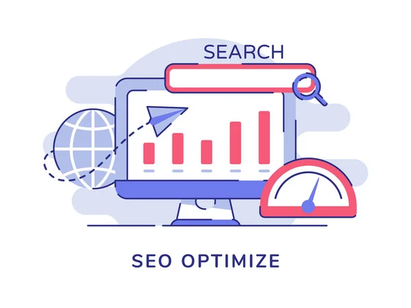 SEO optimise le diagramme à barres sur écran écran fond d'ordinateur de l'avion papier compteur de vitesse globe volant avec le style de contour plat. — Image vectorielle