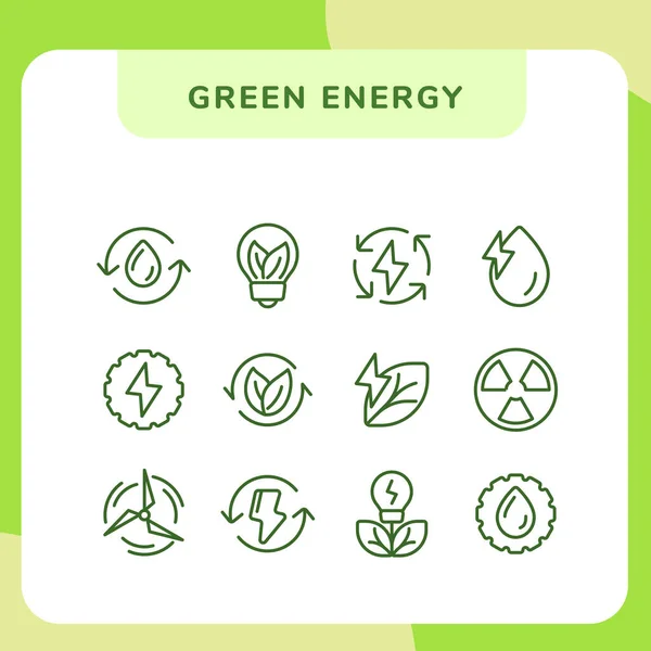 グリーンエネルギーアイコンセットコレクションパック付きアウトラインモダンなラインスタイル — ストックベクタ