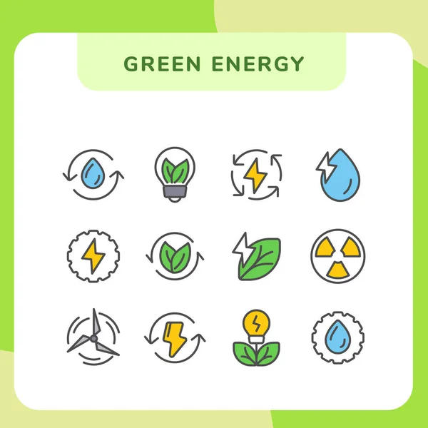 緑のエネルギーアイコンセットコレクションパックで現代的なフラットスタイル滑らかな色 — ストックベクタ