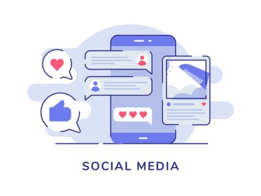 Sosyal medya konsepti resim geri bildirim yorumu düz dış hatlı akıllı telefon ekranı beyaz arka planı